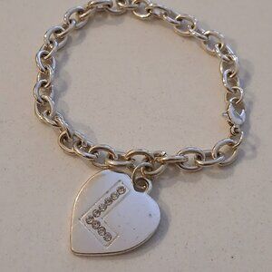 Silvertone "L" Charm with faux crystal studs Chain-link Bracelet - 7"/ M